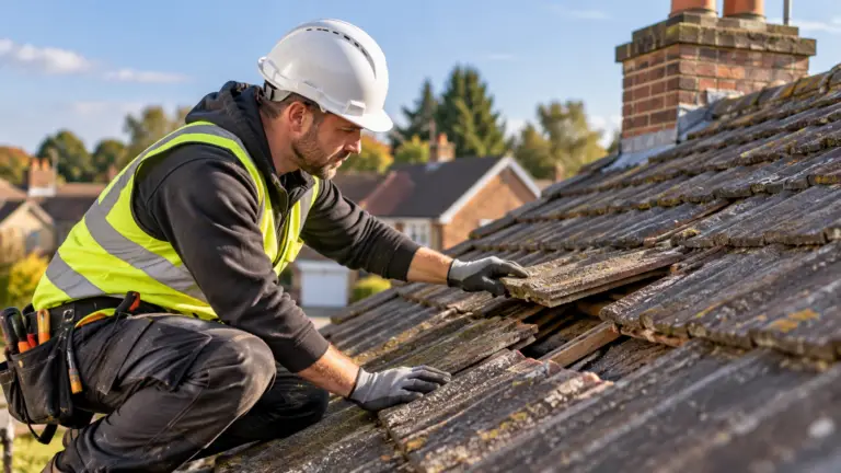 Roof repairs Swanley showing a roofing professional inspecting damaged tiles
