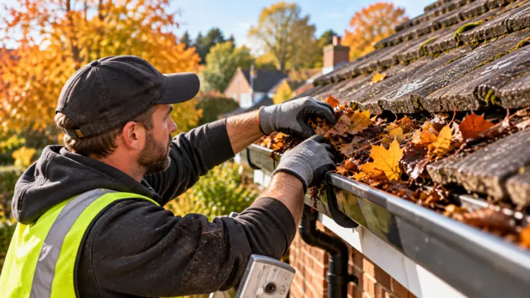 Gutter cleaning Swanley with leaves being cleared from residential roof guttering