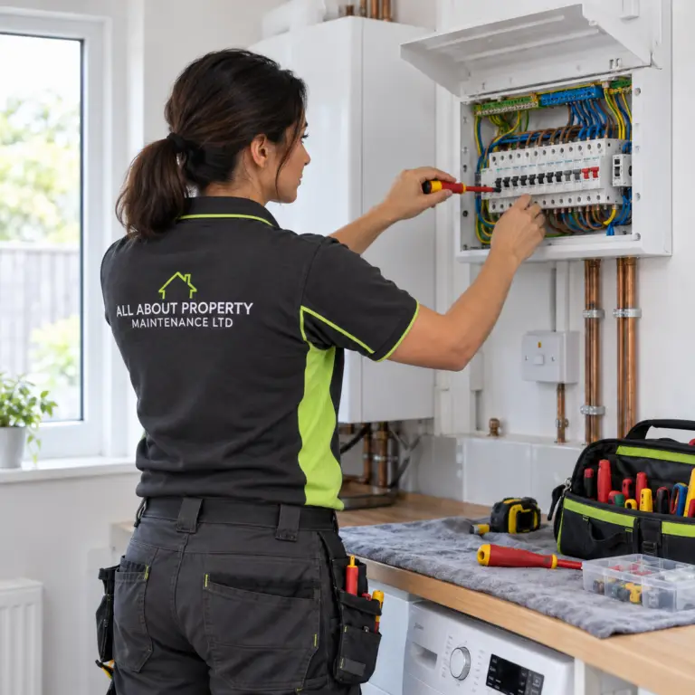 Electrician in company uniform working on a consumer unit