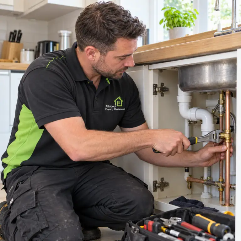 Plumber in company uniform working beneath a kitchen sink